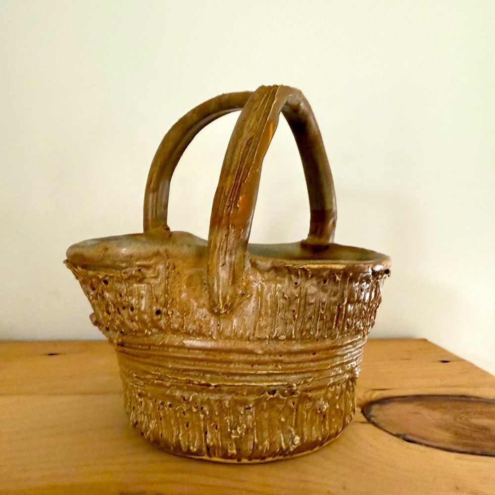 Small Handcrafted Brown Ceramic Basket